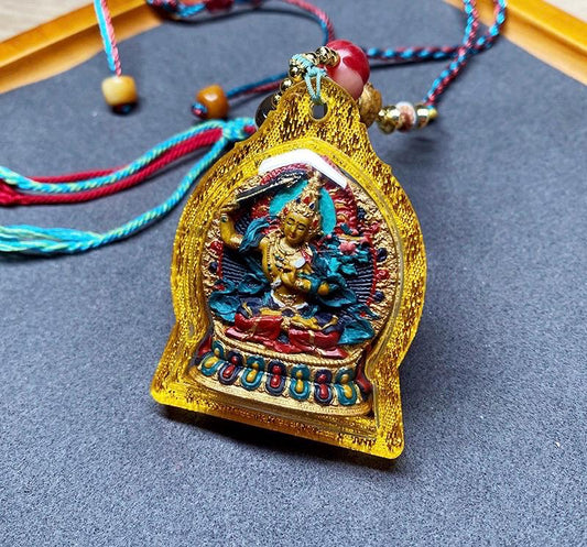 Hand Painted Manjushri Thangka Amulet, Mineral Pigment Tibetan Tsa-Tsa Pendant, Sacred Buddhist Jewelry, Zodiac Protector Talisman