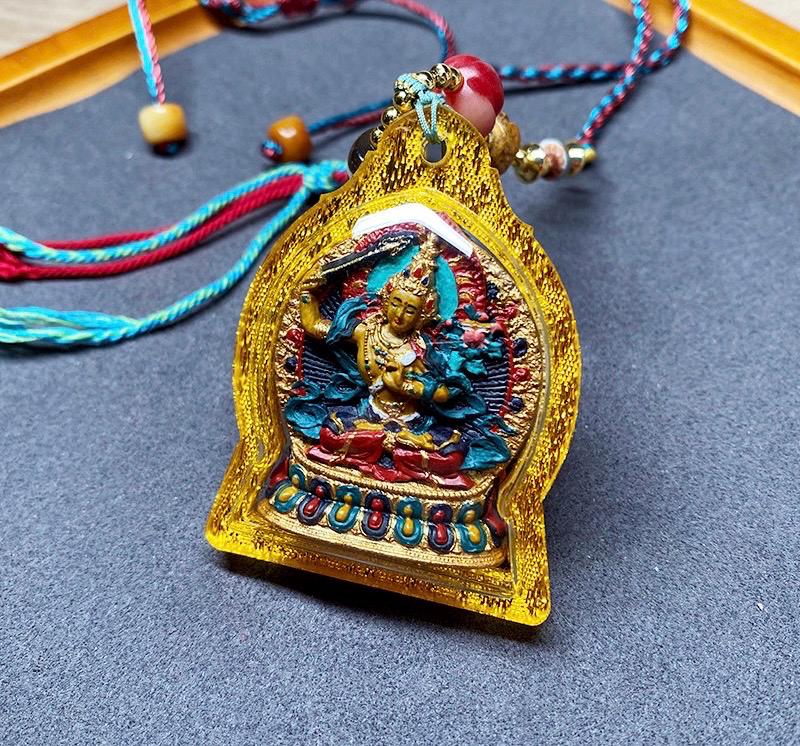 Hand Painted Manjushri Thangka Amulet, Mineral Pigment Tibetan Tsa-Tsa Pendant, Sacred Buddhist Jewelry, Zodiac Protector Talisman