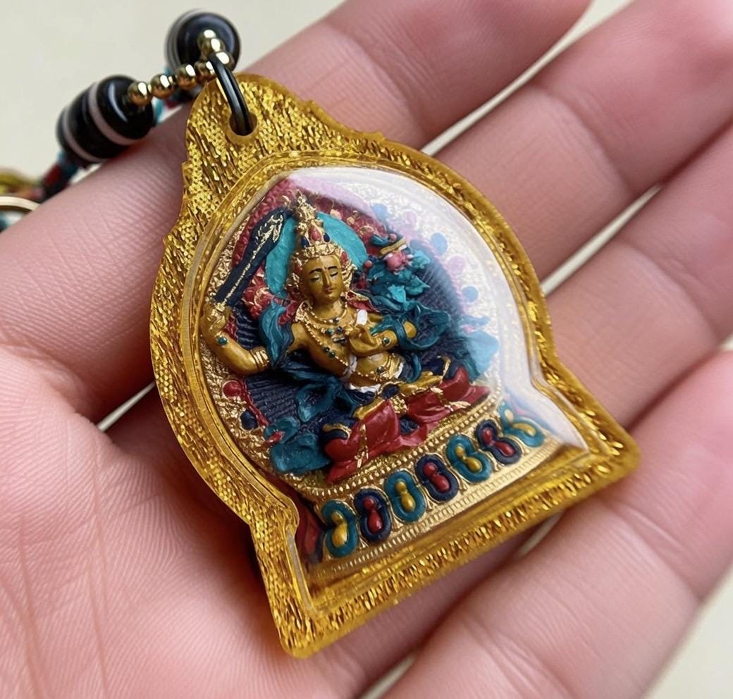 Hand Painted Manjushri Thangka Amulet, Mineral Pigment Tibetan Tsa-Tsa Pendant, Sacred Buddhist Jewelry, Zodiac Protector Talisman