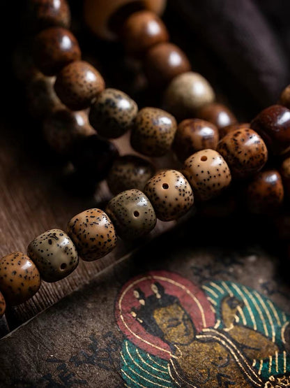Aged Star & Moon Bodhi Seed Mala 108 Beads | Handmade Buddhist Prayer Beads | Meditation Necklace Wrap Bracelet