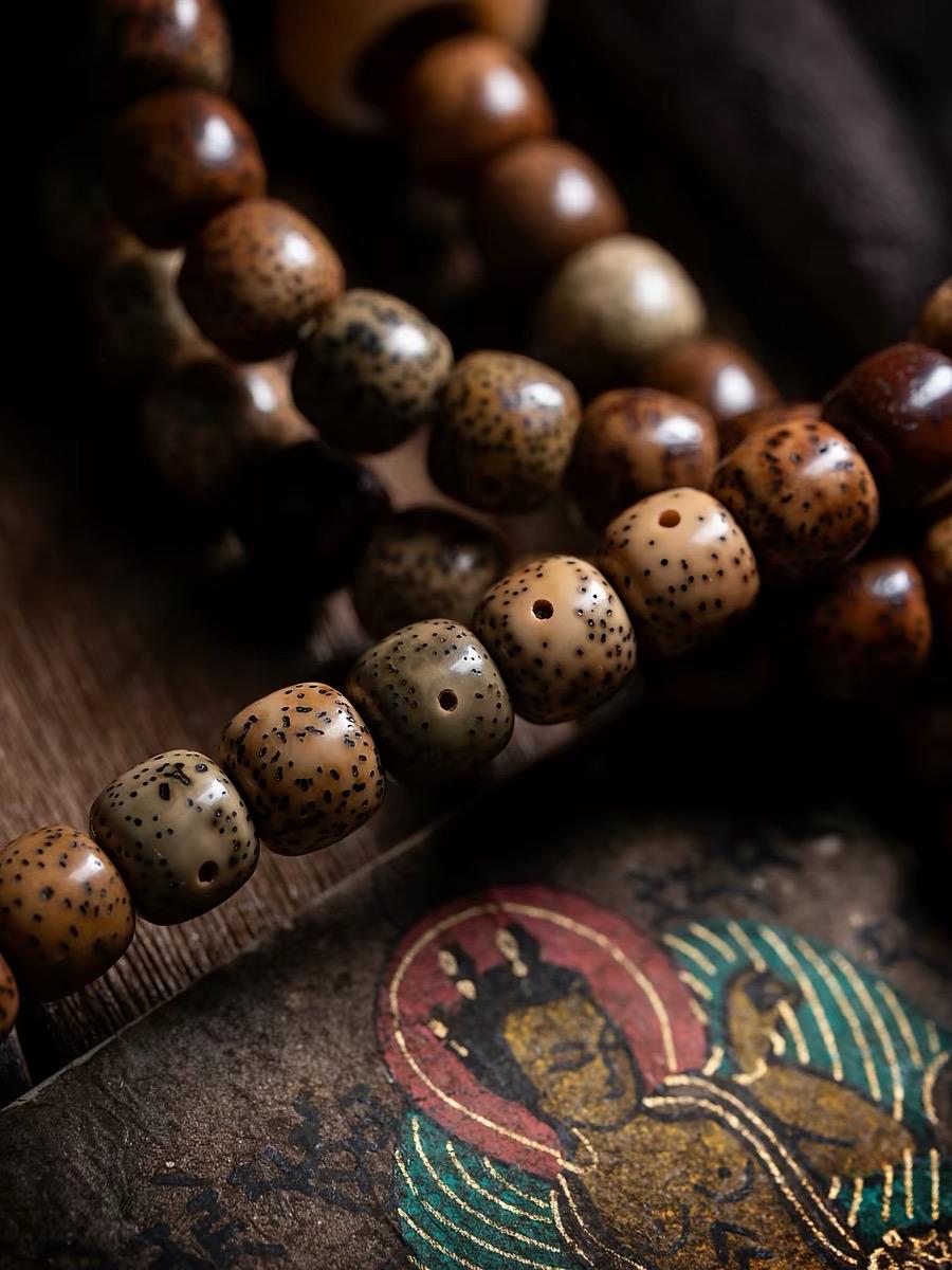Aged Star & Moon Bodhi Seed Mala 108 Beads | Handmade Buddhist Prayer Beads | Meditation Necklace Wrap Bracelet