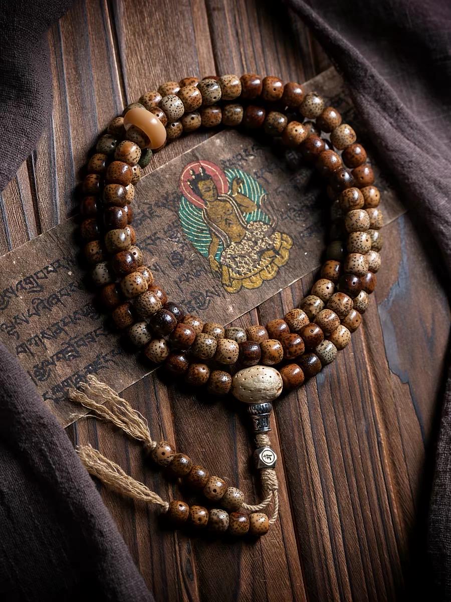 Aged Star & Moon Bodhi Seed Mala 108 Beads | Handmade Buddhist Prayer Beads | Meditation Necklace Wrap Bracelet