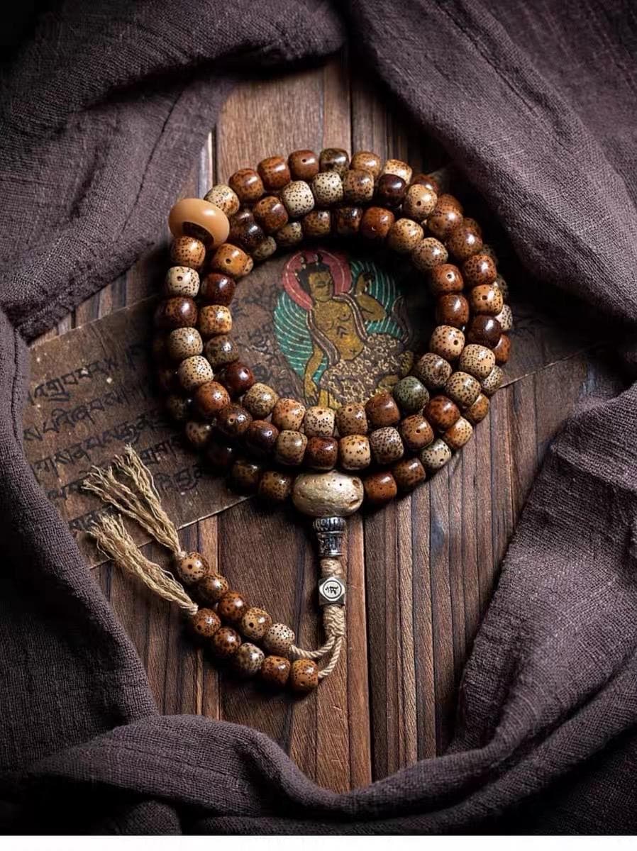 Aged Star & Moon Bodhi Seed Mala 108 Beads | Handmade Buddhist Prayer Beads | Meditation Necklace Wrap Bracelet