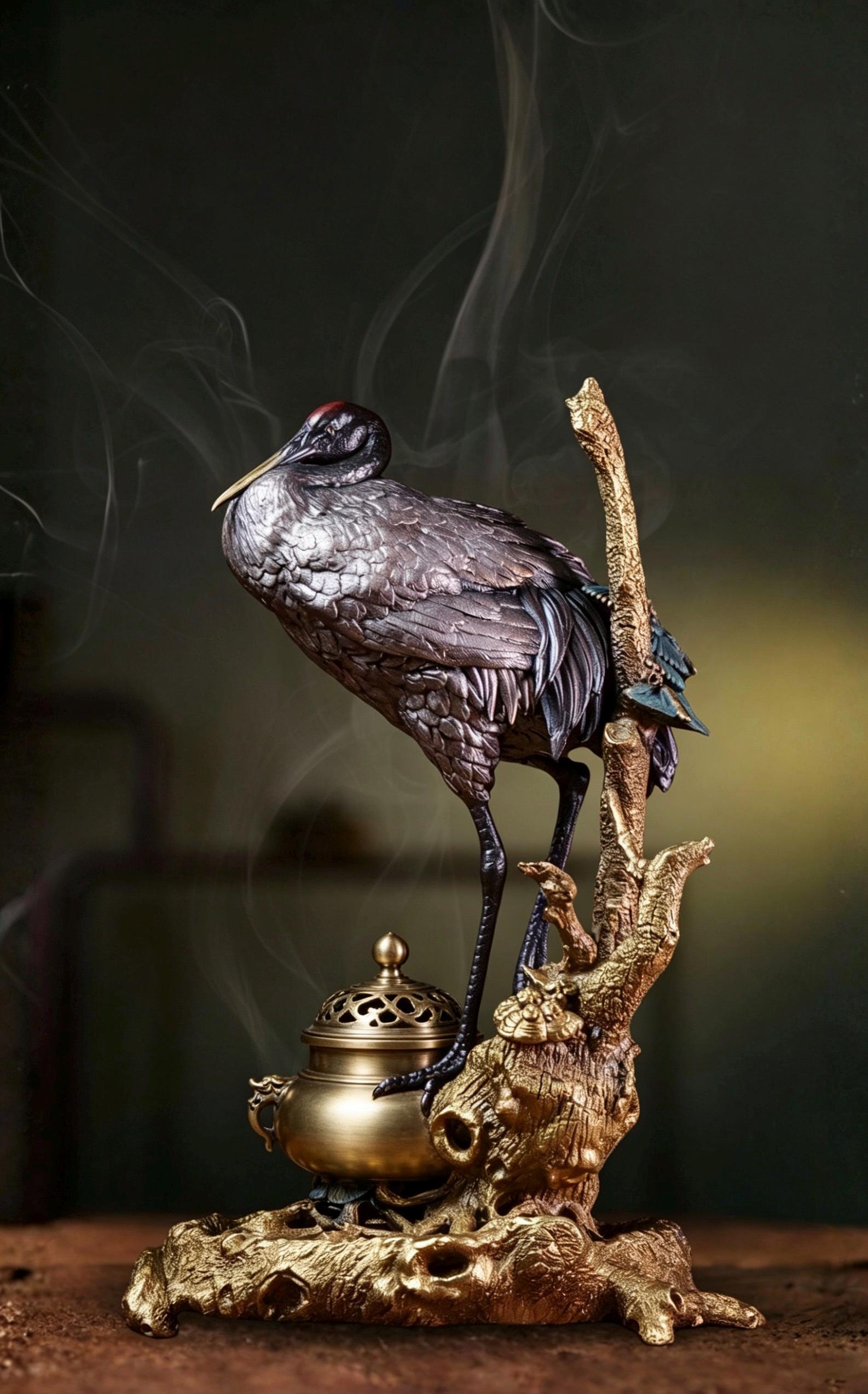Chinese Vintage Brass Incense Burner, Pine Crane Long Life Censer, Original Metal Sculpture, Zen Home Decor, Mindfulness Gift