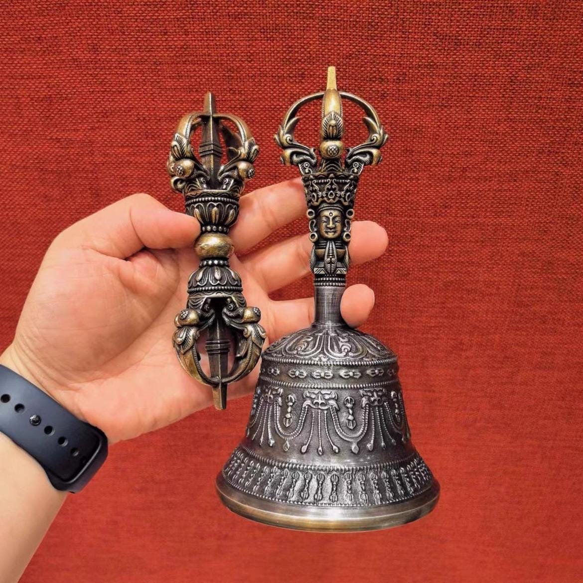 Handcrafted Tibetan Vajra Bell and Dorje Set, Pure Brass Buddhist Ritual Bell, Nepalese Meditation Altar Tool, 5-Prong Vajra, Clear Resonant