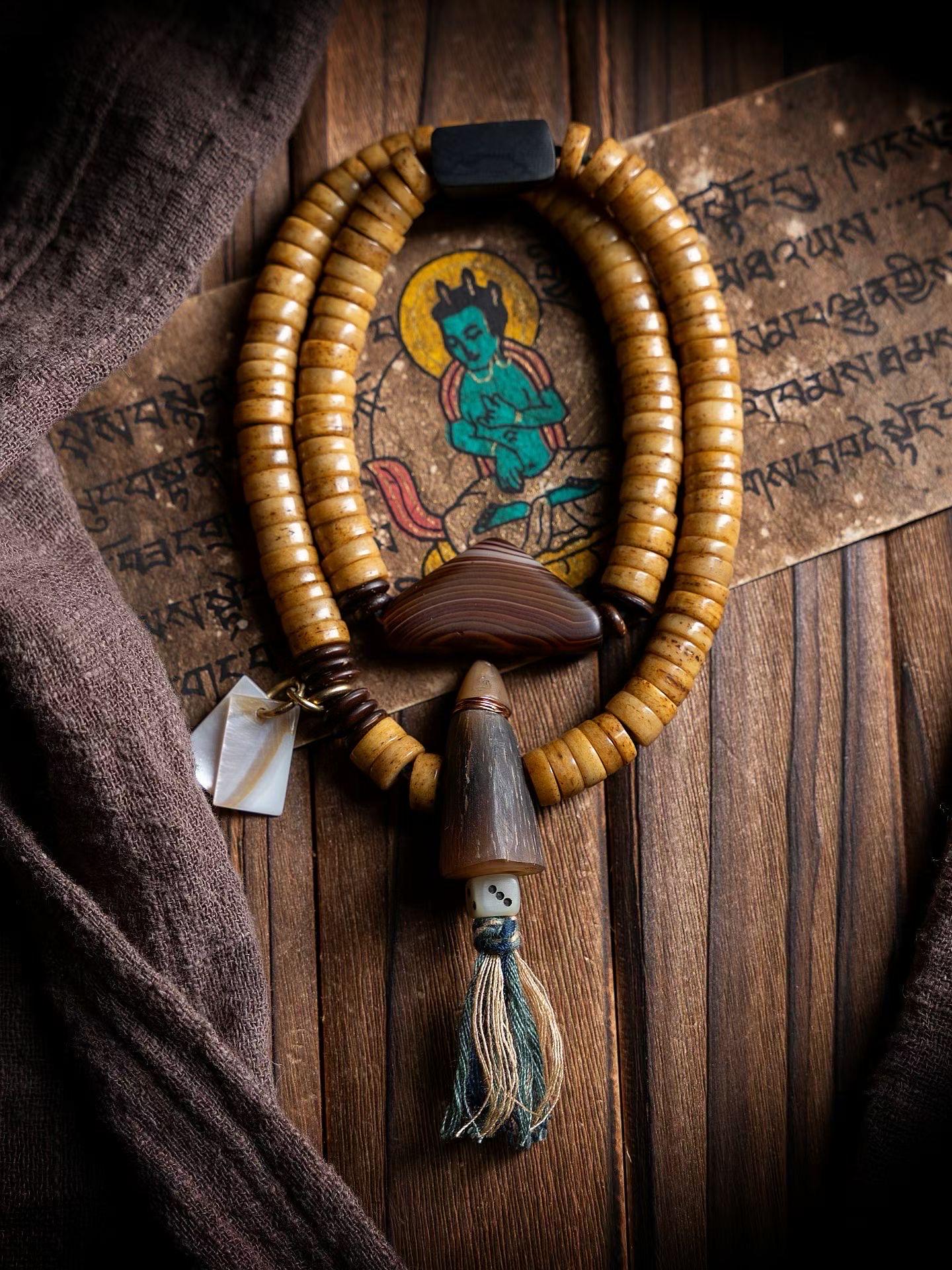Tibetan Yak Mala Necklace – 108 Beads with Shell, Horn, Agate
