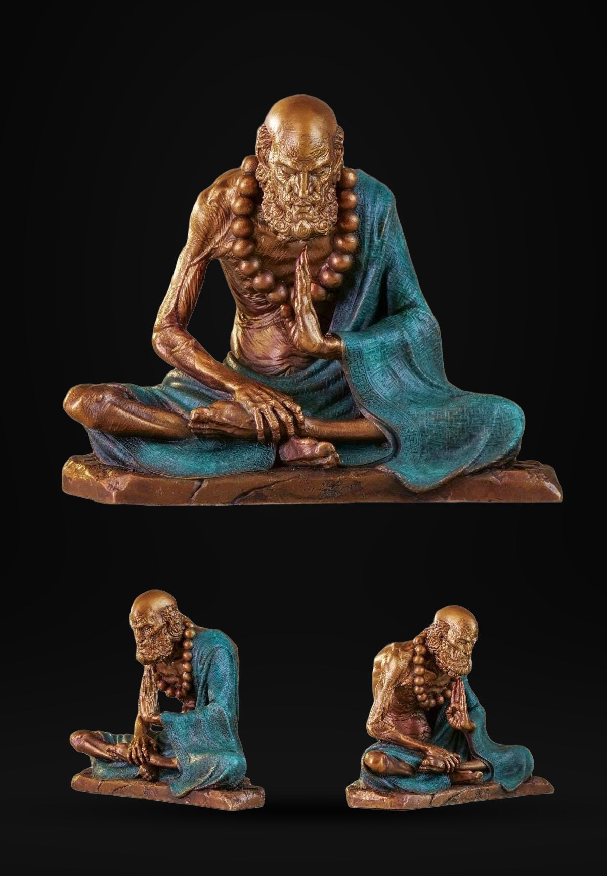 Meditierender Daruma Bodhidharma, Silber-Grau oder Patinagrün