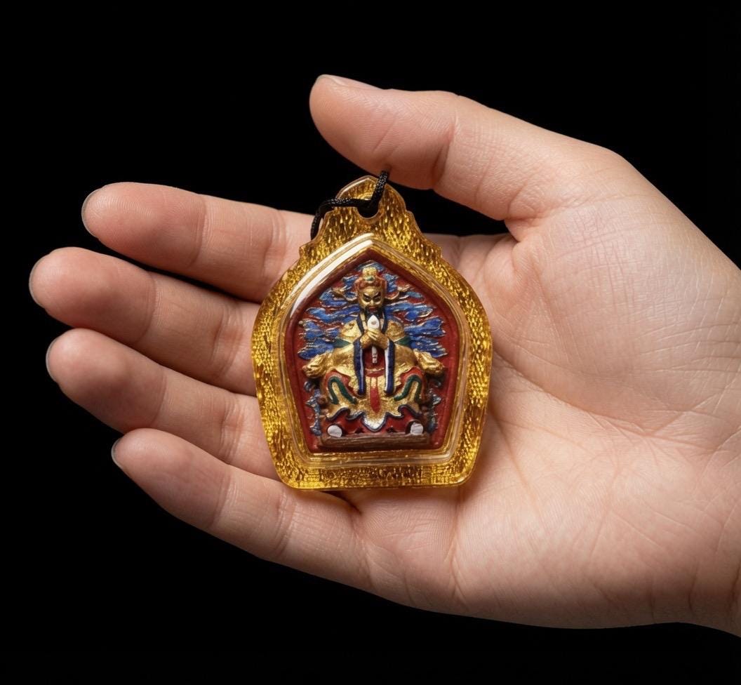 Hand-Painted Fifth Dragon Lord Pendant Tibetan Wealth God Tsa Tsa Amulet Mini Thangka Necklace Mineral Pigments Prosperity Spiritual Gift