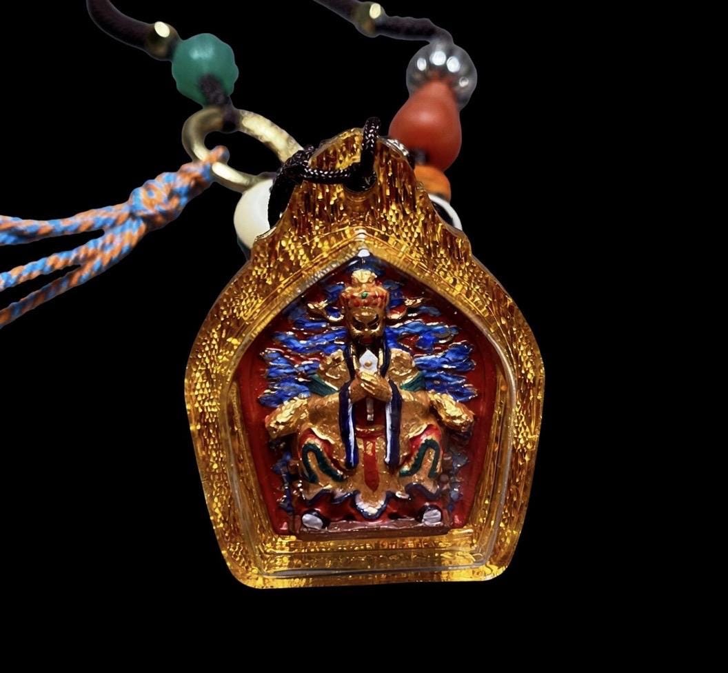 Hand-Painted Fifth Dragon Lord Pendant Tibetan Wealth God Tsa Tsa Amulet Mini Thangka Necklace Mineral Pigments Prosperity Spiritual Gift