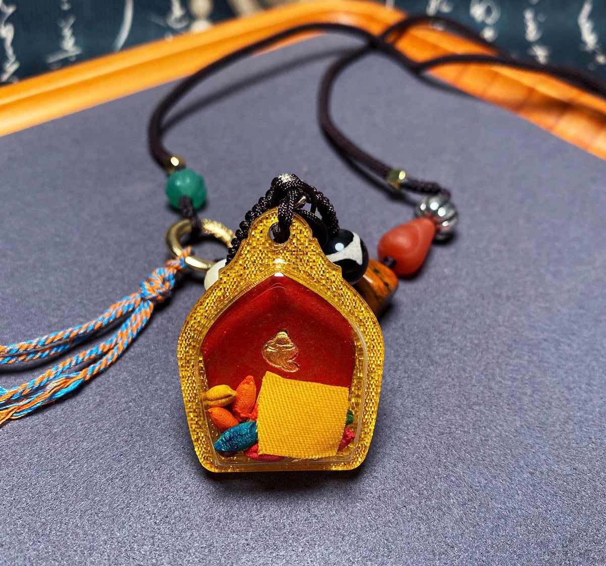 Hand-Painted Fifth Dragon Lord Pendant Tibetan Wealth God Tsa Tsa Amulet Mini Thangka Necklace Mineral Pigments Prosperity Spiritual Gift