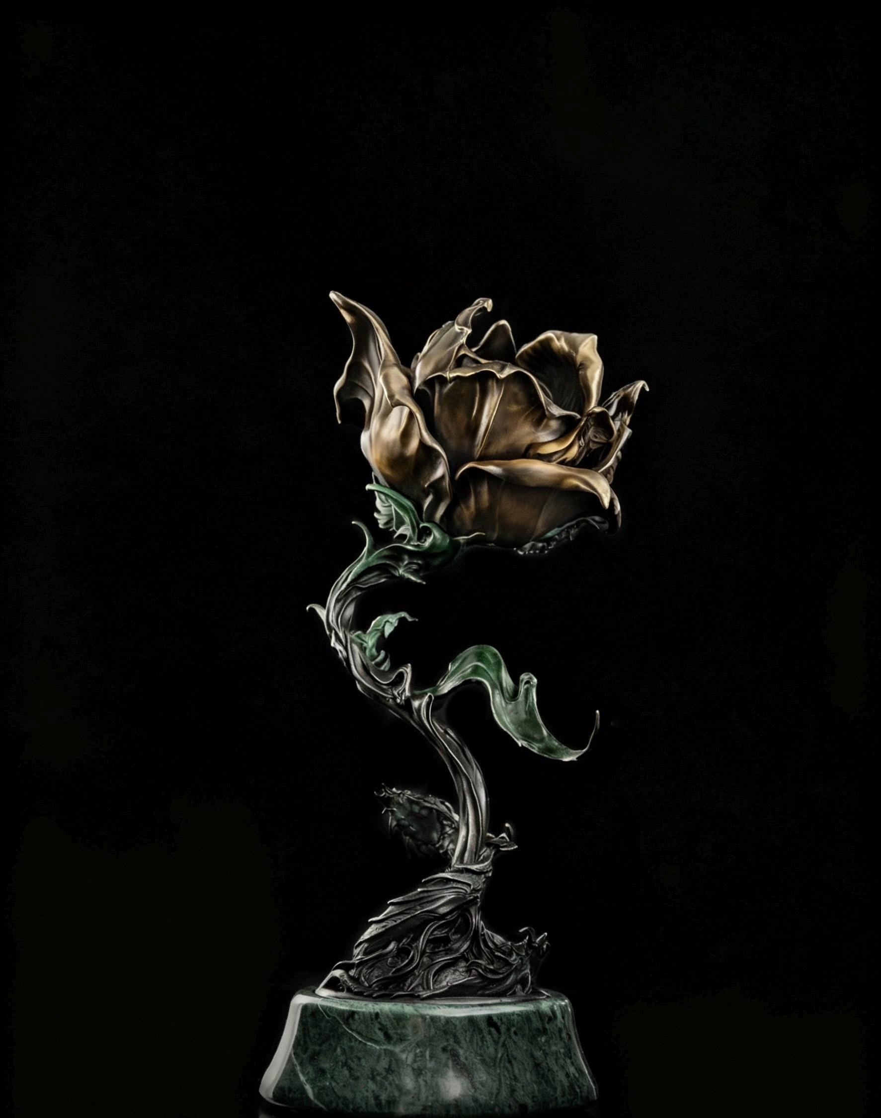 Antique Bronze & 925 Sterling Silver Rose Incense Burner, Luxury Rose Sculpture Home Decor, Aesthetic Incense Cone Holder, Gift for Her