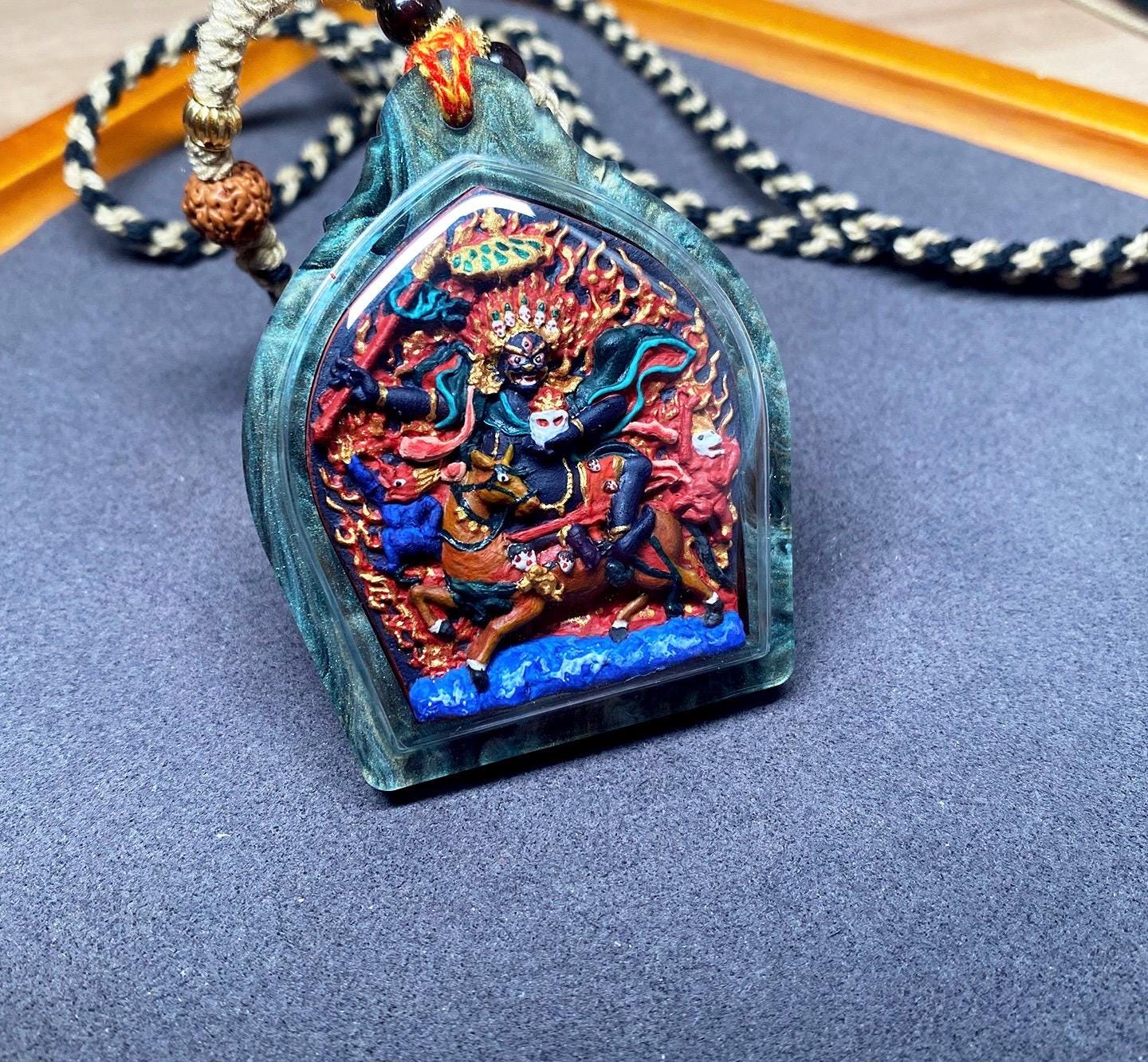 Hand Painted Palden Lhamo Thangka Pendant, Tibetan Tsa Tsa Amulet Necklace, Mineral Pigments Buddhist Talisman, Shri Devi Protection Gift