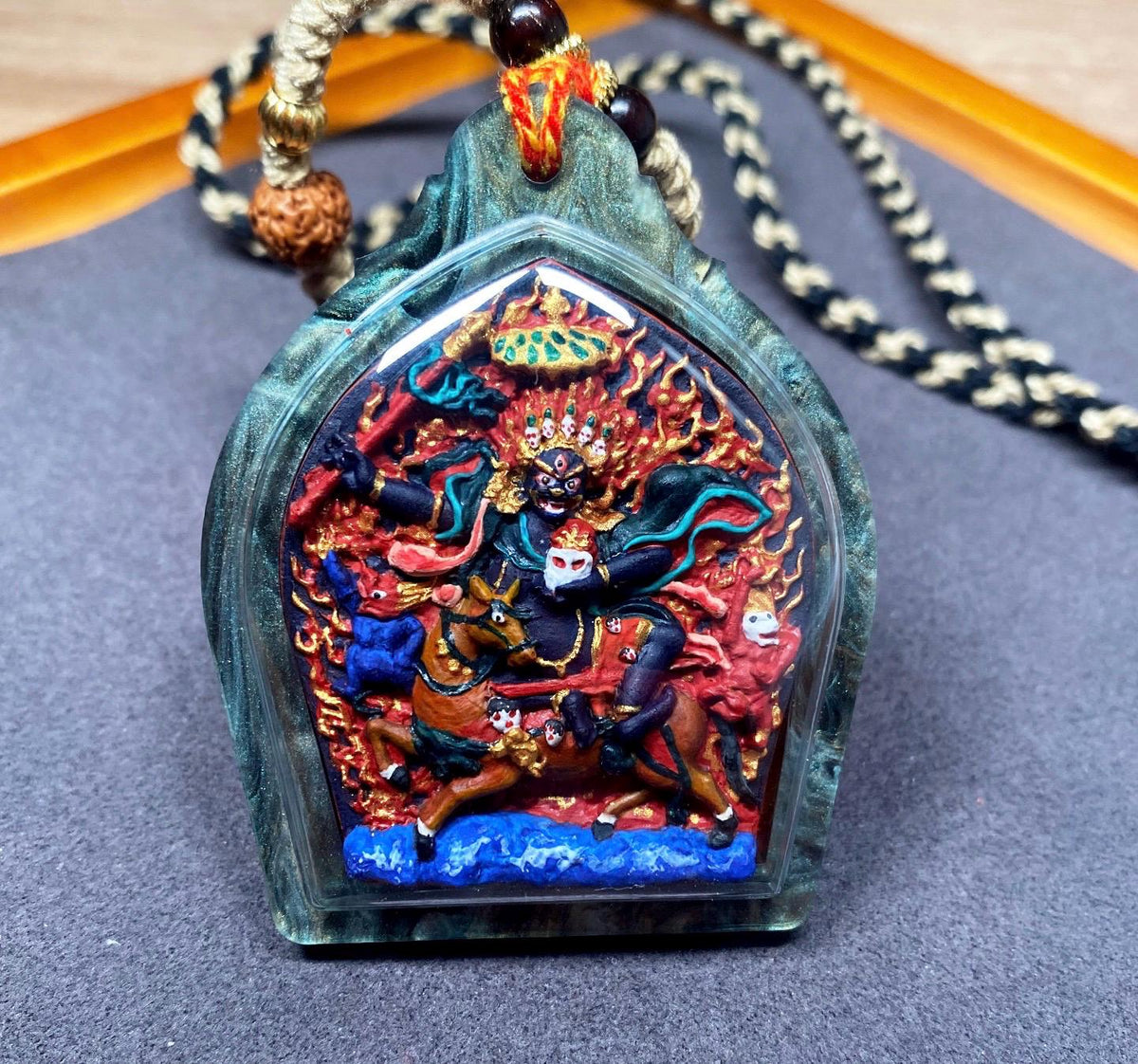 Hand Painted Palden Lhamo Thangka Pendant, Tibetan Tsa Tsa Amulet Necklace, Mineral Pigments Buddhist Talisman, Shri Devi Protection Gift