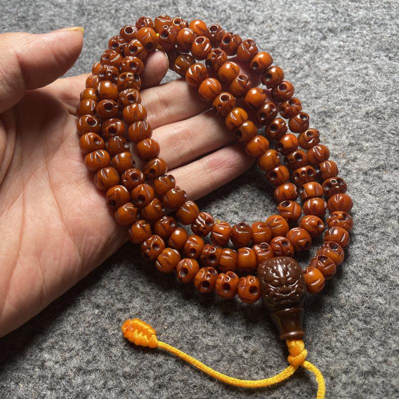 Tibetan Yak Bone Skull Mala Beads, 108 Carved Skull Buddhist Rosary, Ox Bone Prayer Wrap Bracelet, Gothic Distressed Bracelet