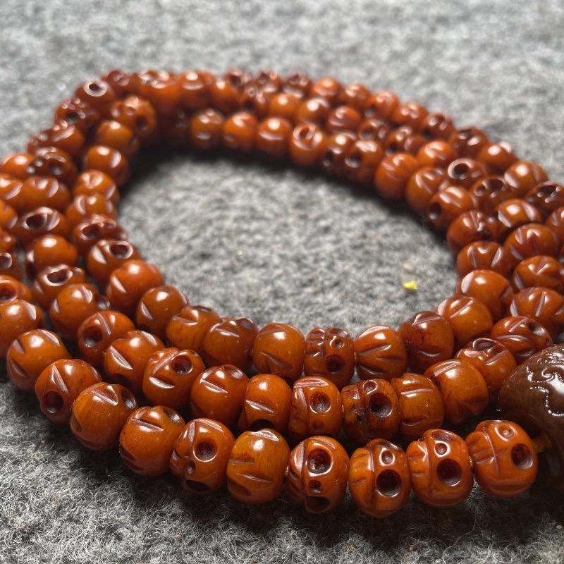 Tibetan Yak Bone Skull Mala Beads, 108 Carved Skull Buddhist Rosary, Ox Bone Prayer Wrap Bracelet, Gothic Distressed Bracelet