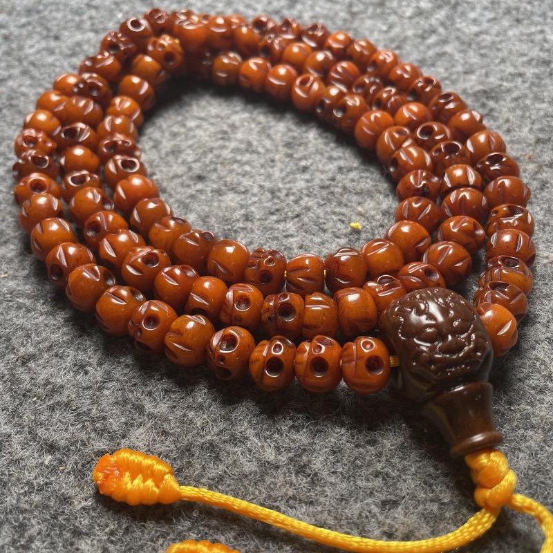 Tibetan Yak Bone Skull Mala Beads, 108 Carved Skull Buddhist Rosary, Ox Bone Prayer Wrap Bracelet, Gothic Distressed Bracelet