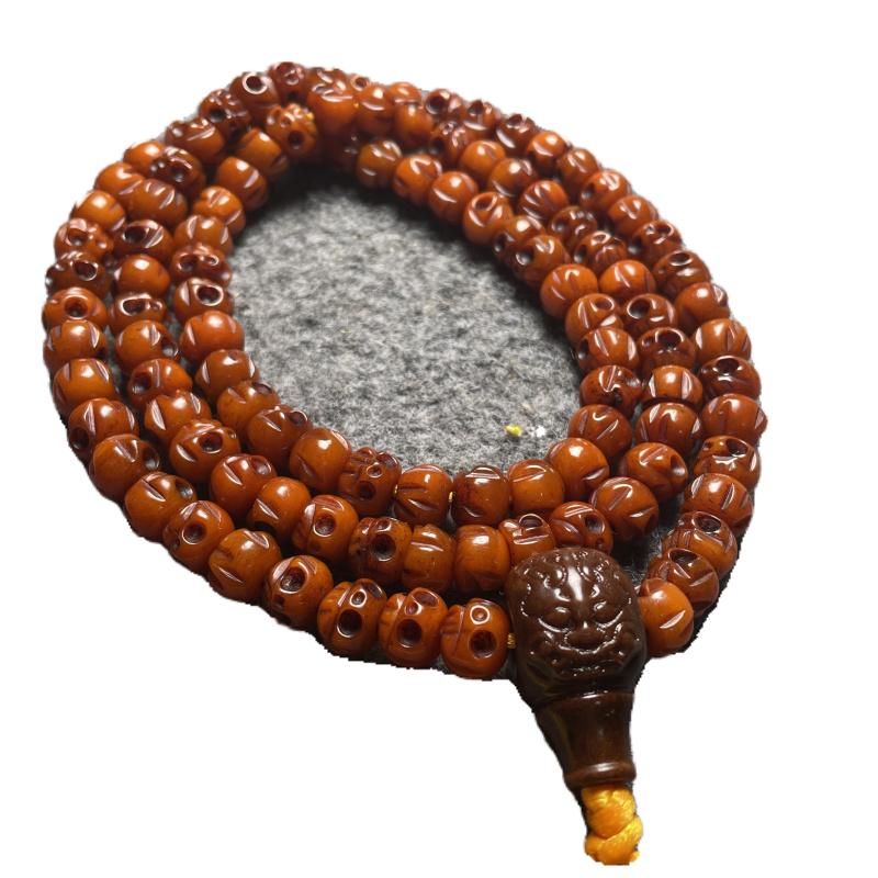 Tibetan Yak Bone Skull Mala Beads, 108 Carved Skull Buddhist Rosary, Ox Bone Prayer Wrap Bracelet, Gothic Distressed Bracelet