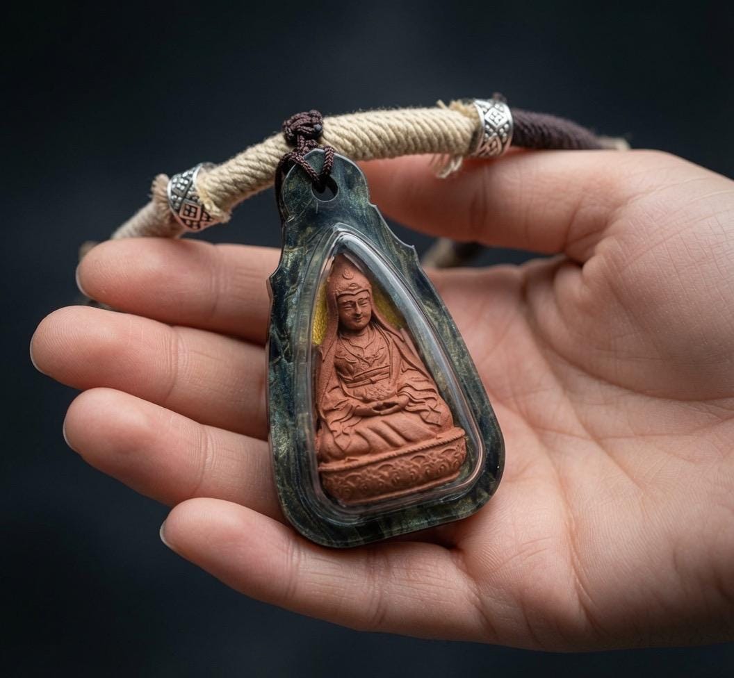 Himalayan Padmasambhava Pendant, Tibetan Guru Rinpoche Tsa Tsa Necklace, Buddhist Thangka Amulet for Protection, Sacred Meditation Talisman
