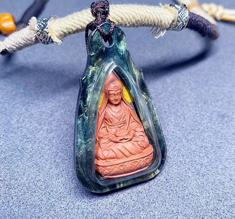 Himalayan Padmasambhava Pendant, Tibetan Guru Rinpoche Tsa Tsa Necklace, Buddhist Thangka Amulet for Protection, Sacred Meditation Talisman