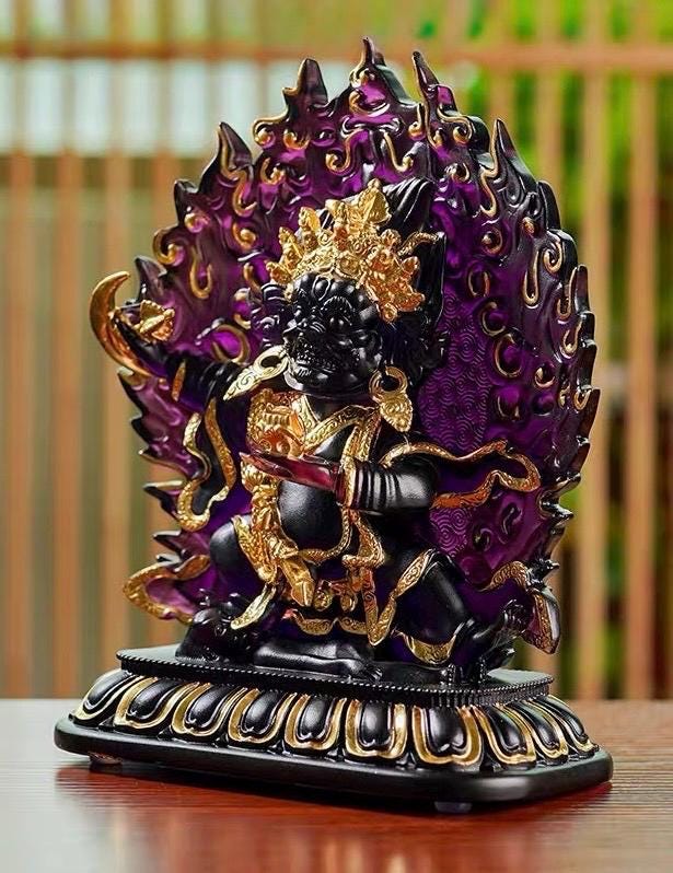 Ancient Glass Two-Armed Mahakala Dharma Protector, Traditional Liuli Art, Home Altar Sacred Décor