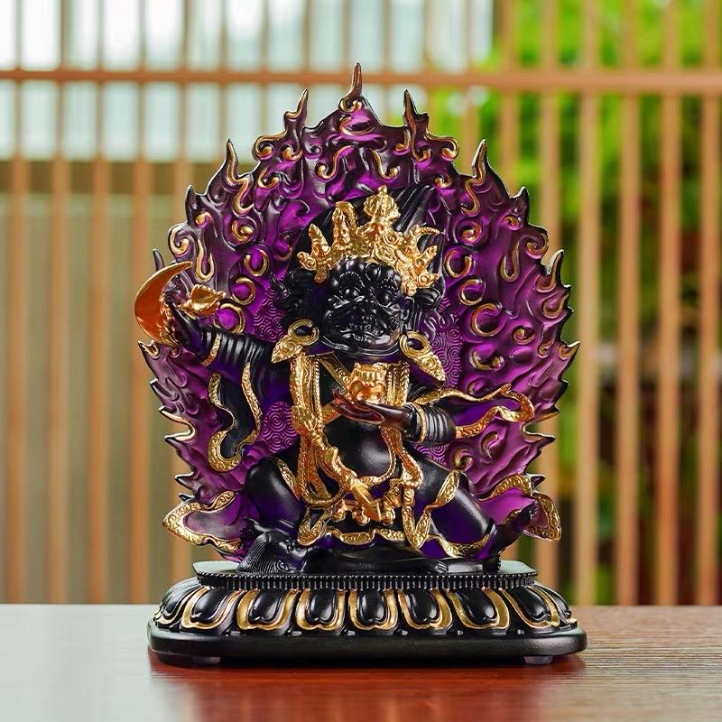 Ancient Glass Two-Armed Mahakala Dharma Protector, Traditional Liuli Art, Home Altar Sacred Décor