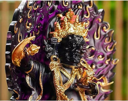 Ancient Glass Two-Armed Mahakala Dharma Protector, Traditional Liuli Art, Home Altar Sacred Décor
