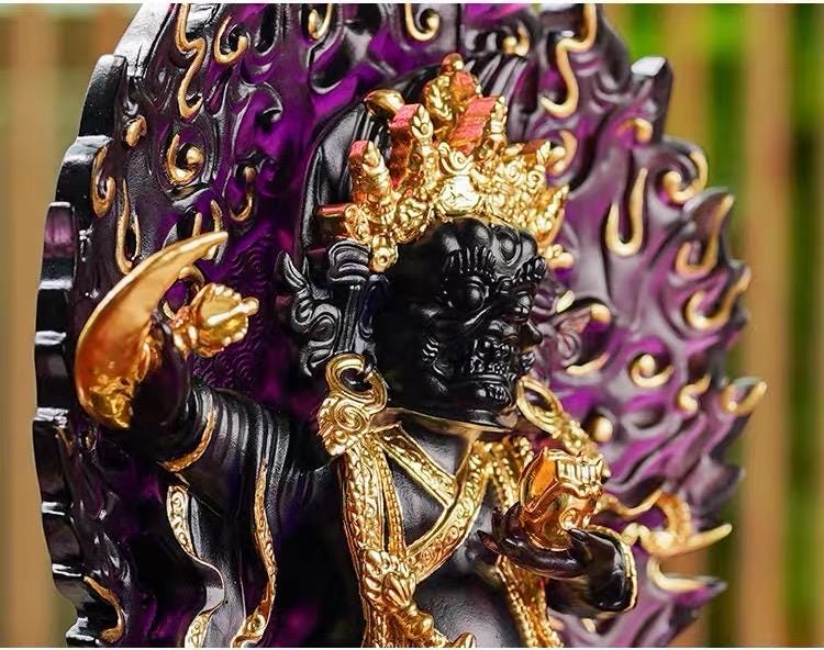 Ancient Glass Two-Armed Mahakala Dharma Protector, Traditional Liuli Art, Home Altar Sacred Décor