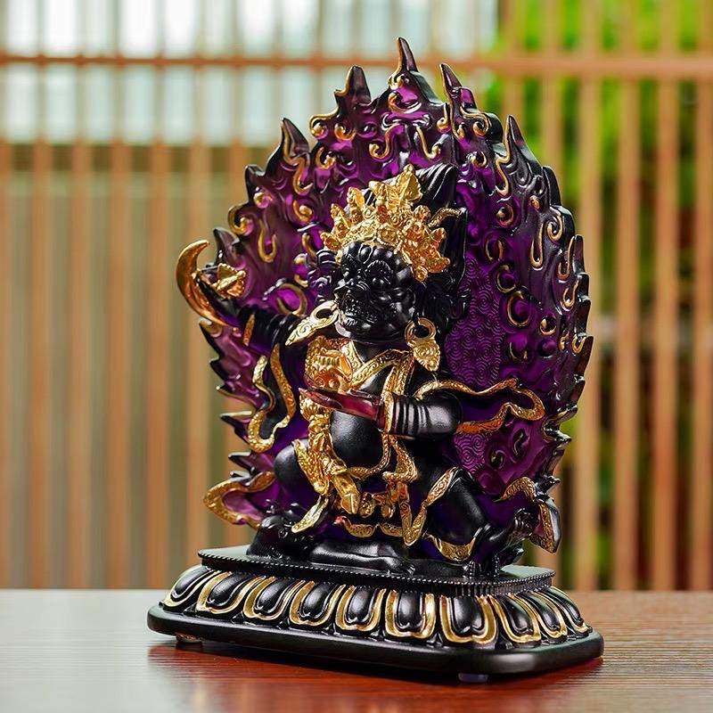 Ancient Glass Two-Armed Mahakala Dharma Protector, Traditional Liuli Art, Home Altar Sacred Décor