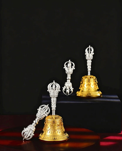 Tibetan Vajra Bell and Dorje Set, 5 or 9 Spoke Gold Plated Brass Buddhist Ghanta, Handheld Ritual Meditation Bell, Spiritual Altar Gift