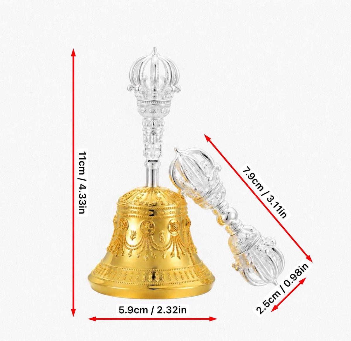 Tibetan Vajra Bell and Dorje Set, 5 or 9 Spoke Gold Plated Brass Buddhist Ghanta, Handheld Ritual Meditation Bell, Spiritual Altar Gift