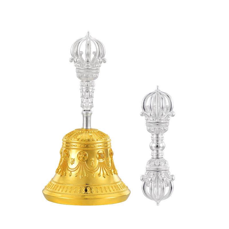 Tibetan Vajra Bell and Dorje Set, 5 or 9 Spoke Gold Plated Brass Buddhist Ghanta, Handheld Ritual Meditation Bell, Spiritual Altar Gift