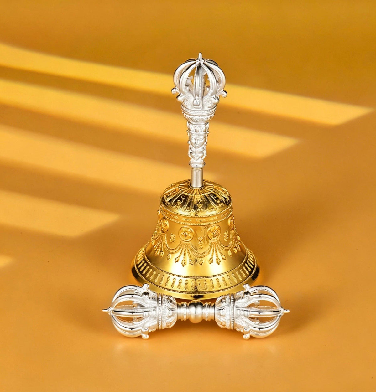 Tibetan Vajra Bell and Dorje Set, 5 or 9 Spoke Gold Plated Brass Buddhist Ghanta, Handheld Ritual Meditation Bell, Spiritual Altar Gift