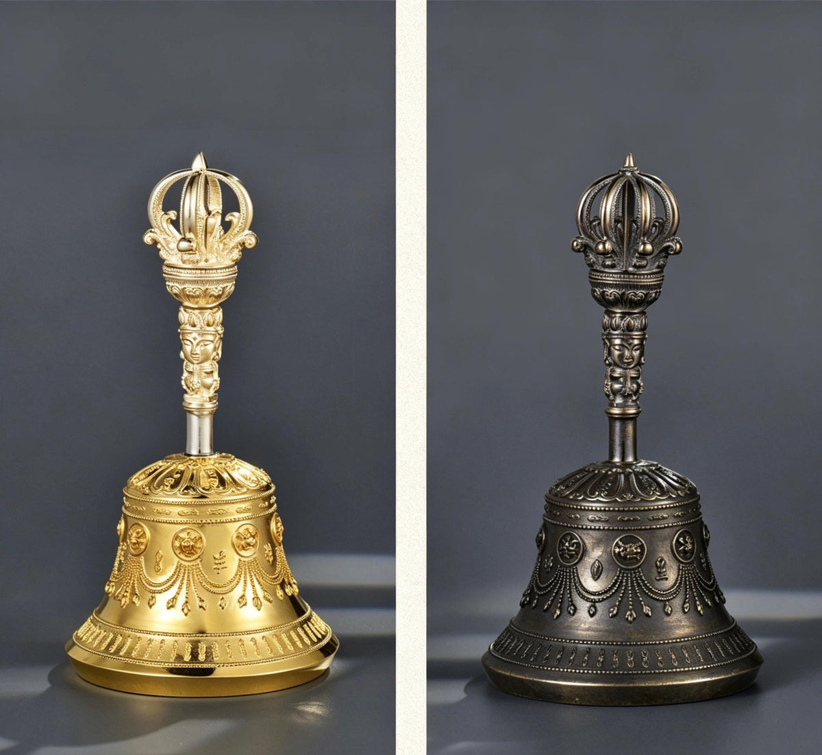 Tibetan Vajra Bell and Dorje Set, 5 or 9 Spoke Gold Plated Brass Buddhist Ghanta, Handheld Ritual Meditation Bell, Spiritual Altar Gift