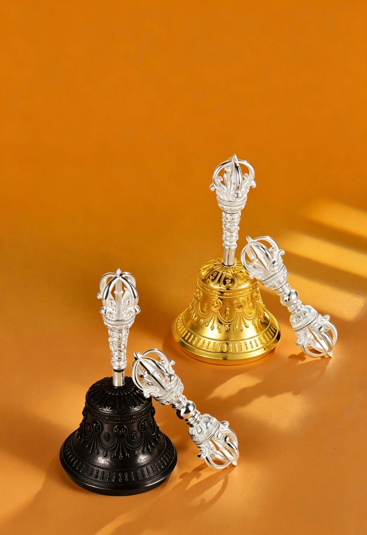 Tibetan Vajra Bell and Dorje Set, 5 or 9 Spoke Gold Plated Brass Buddhist Ghanta, Handheld Ritual Meditation Bell, Spiritual Altar Gift
