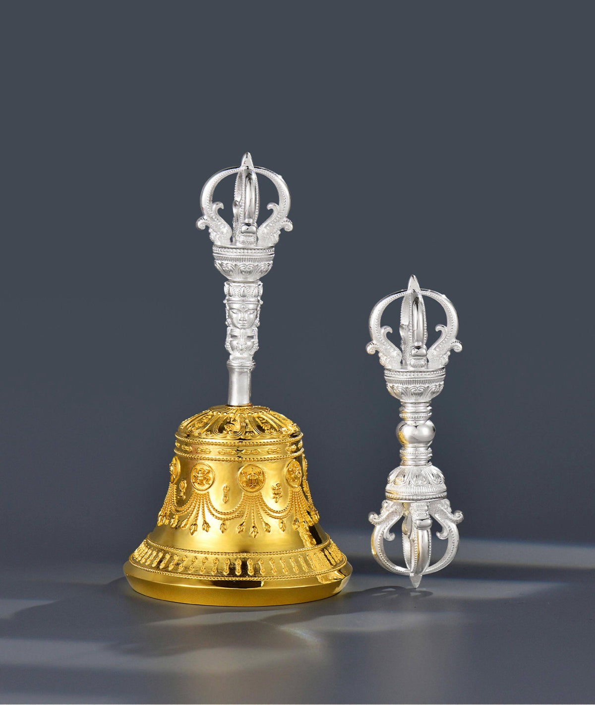 Tibetan Vajra Bell and Dorje Set, 5 or 9 Spoke Gold Plated Brass Buddhist Ghanta, Handheld Ritual Meditation Bell, Spiritual Altar Gift