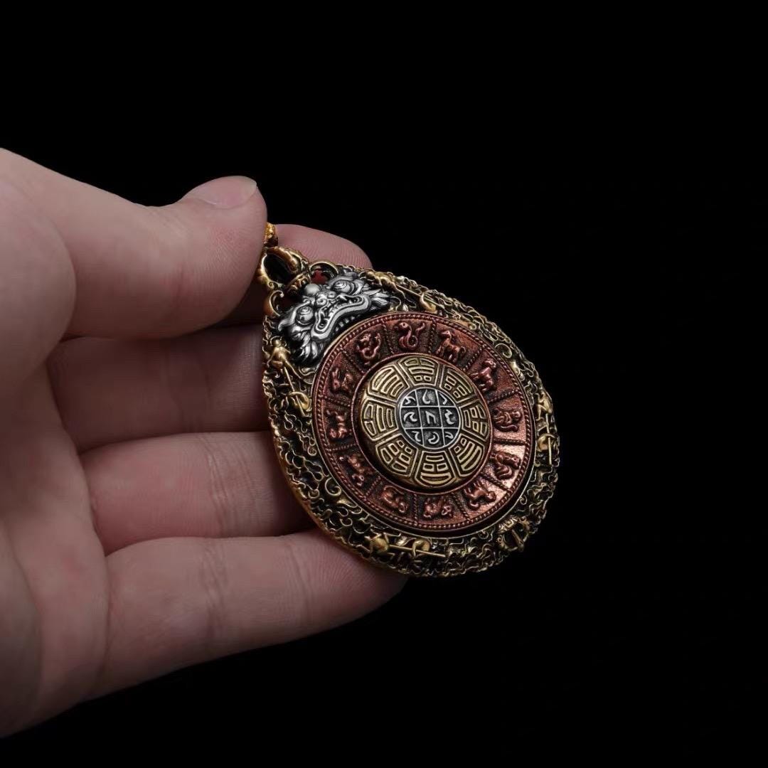 Tibetan Rotating Bagua Pendant, Nine Palace Eight Trigrams Amulet, Brass Copper Silver Protection Talisman, Feng Shui Lucky Charm Necklace