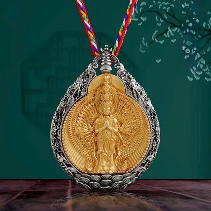 Thousand Armed Avalokiteshvara Pendant Necklace, Chenrezig Amulet, Om Mani Padme Hum Tibetan Buddhist Protection Jewelry