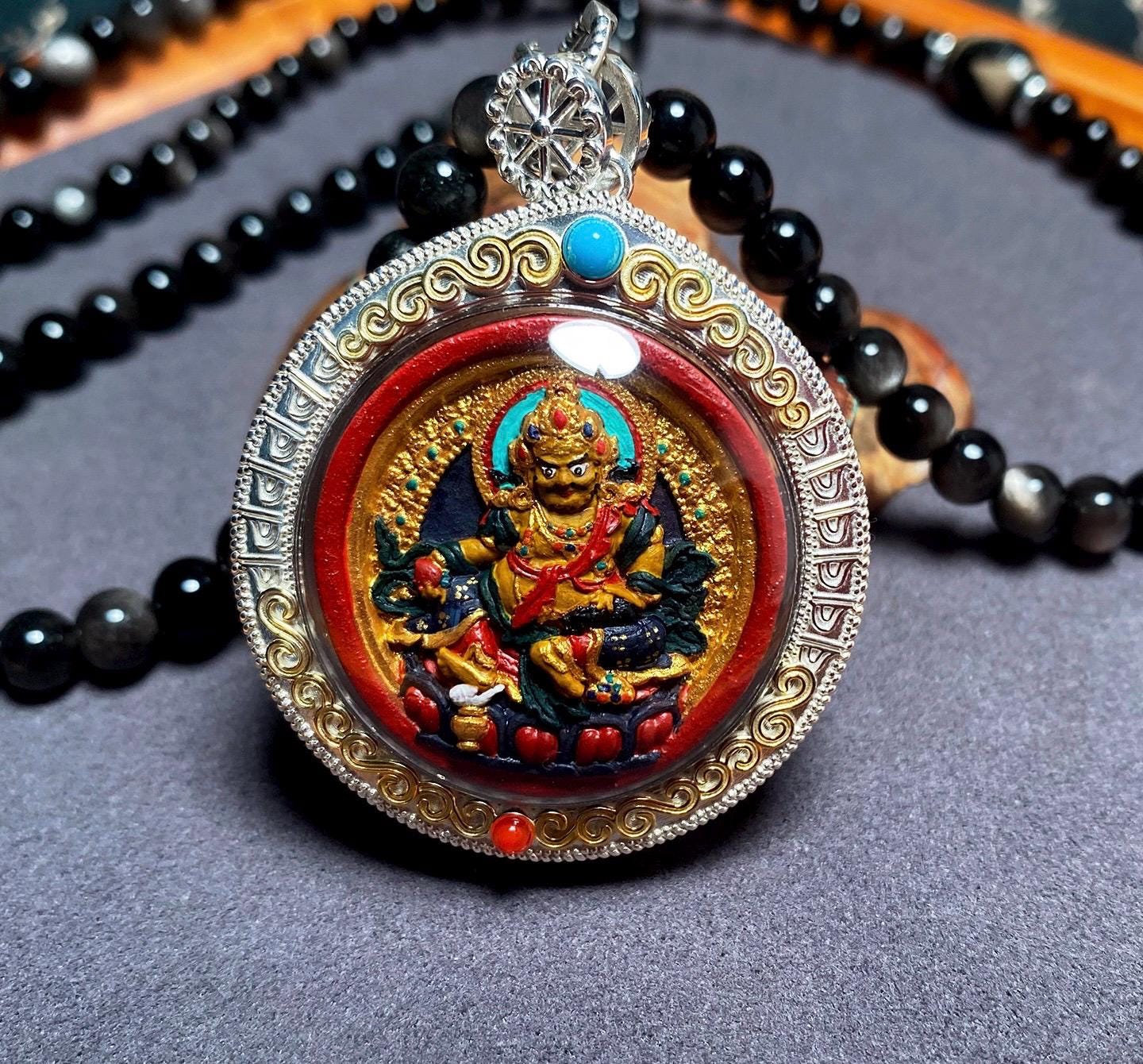 Hand Painted Two Sided Tsa Tsa Pendant Yellow Black Kubera, Genuine Mineral Pigments Buddhist Amulet, Heavy Solid Silver Gau Box Necklace