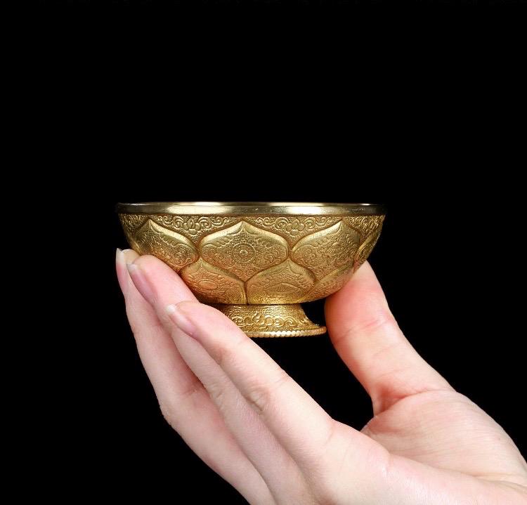 Tibetan Brass Water Offering Bowls 3.15" 3.94", Buddhist Lotus Ritual Cup, Eight Auspicious Symbols Holy Water Cup, Alter Meditation Gift