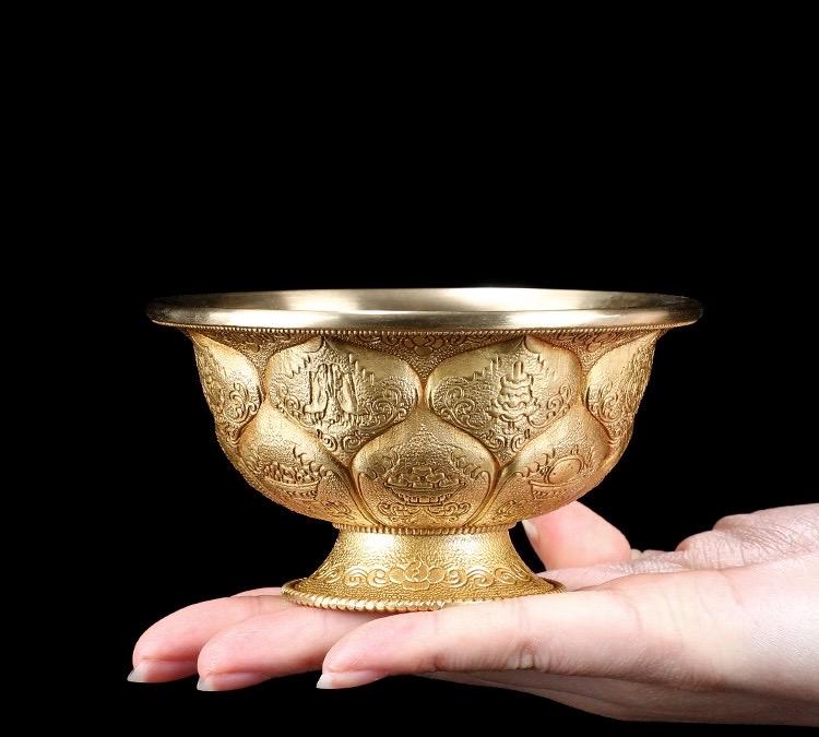 Tibetan Brass Water Offering Bowls 3.15" 3.94", Buddhist Lotus Ritual Cup, Eight Auspicious Symbols Holy Water Cup, Alter Meditation Gift