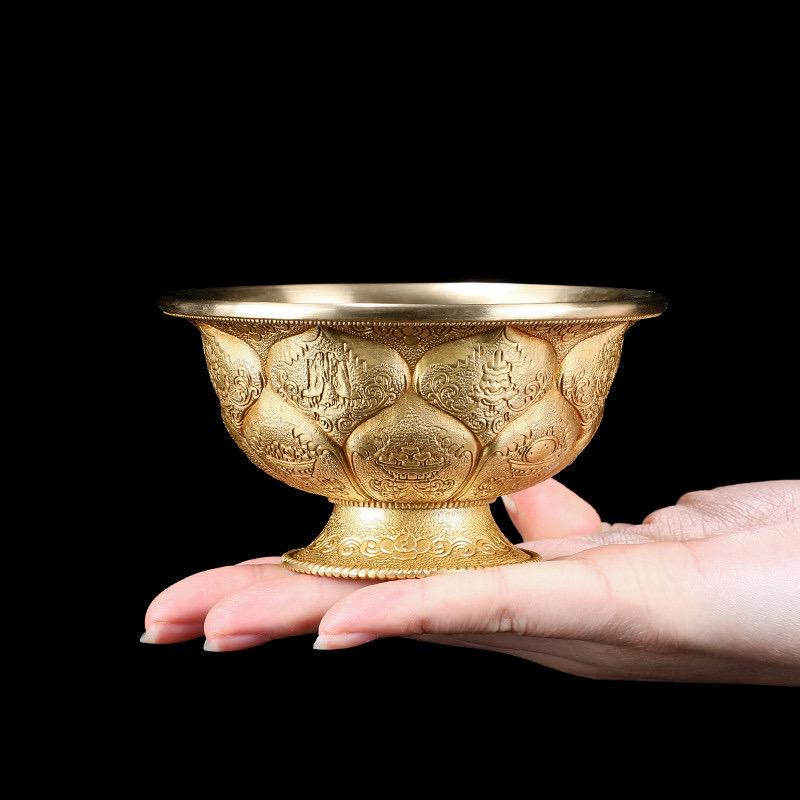 Tibetan Brass Water Offering Bowls 3.15" 3.94", Buddhist Lotus Ritual Cup, Eight Auspicious Symbols Holy Water Cup, Alter Meditation Gift