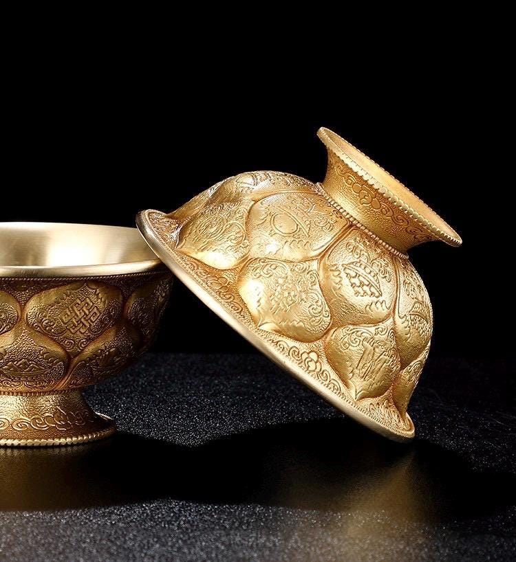 Tibetan Brass Water Offering Bowls 3.15" 3.94", Buddhist Lotus Ritual Cup, Eight Auspicious Symbols Holy Water Cup, Alter Meditation Gift