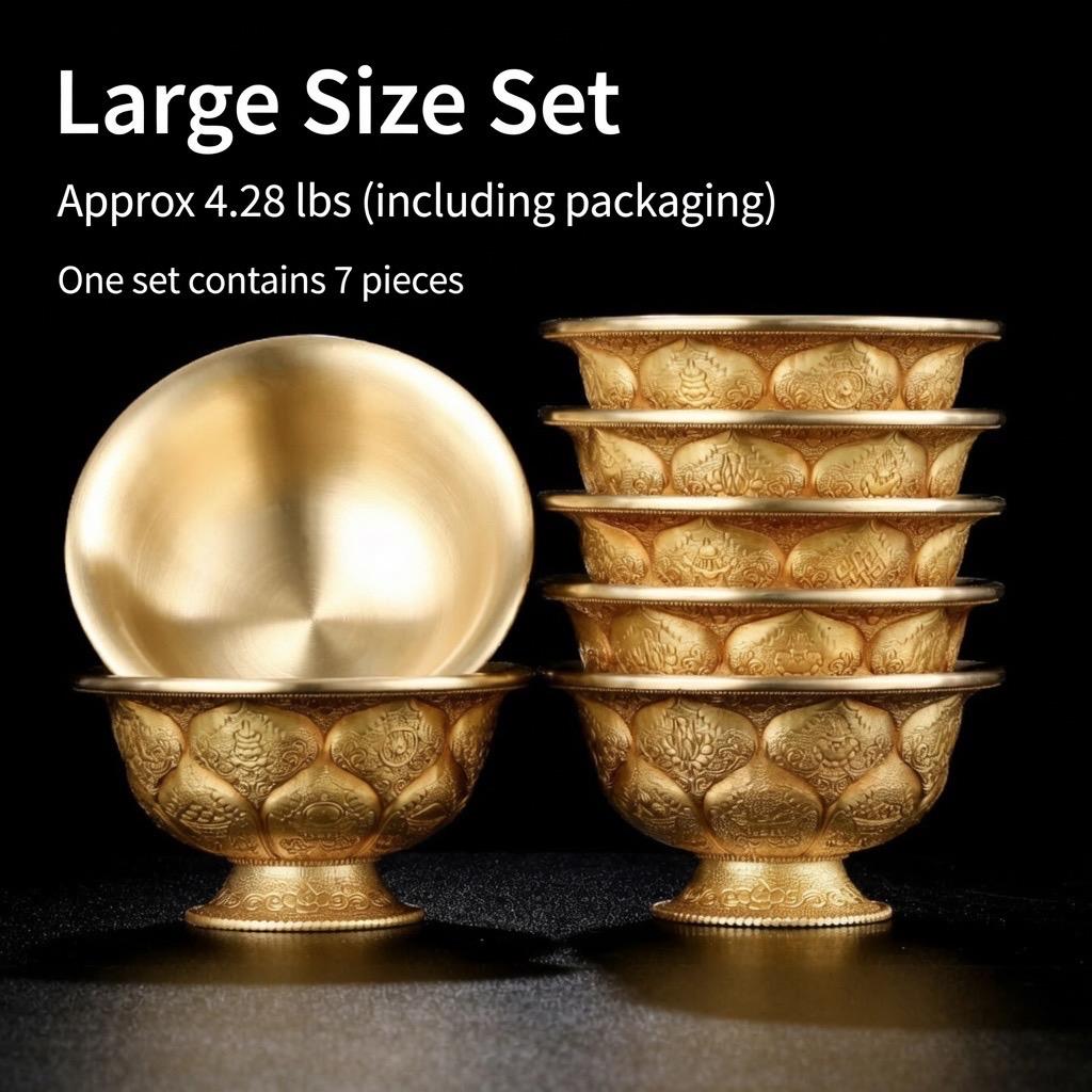 Tibetan Brass Water Offering Bowls 3.15" 3.94", Buddhist Lotus Ritual Cup, Eight Auspicious Symbols Holy Water Cup, Alter Meditation Gift