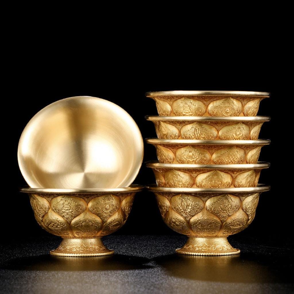 Tibetan Brass Water Offering Bowls 3.15" 3.94", Buddhist Lotus Ritual Cup, Eight Auspicious Symbols Holy Water Cup, Alter Meditation Gift