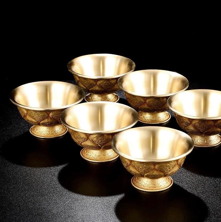 Tibetan Brass Water Offering Bowls 3.15" 3.94", Buddhist Lotus Ritual Cup, Eight Auspicious Symbols Holy Water Cup, Alter Meditation Gift