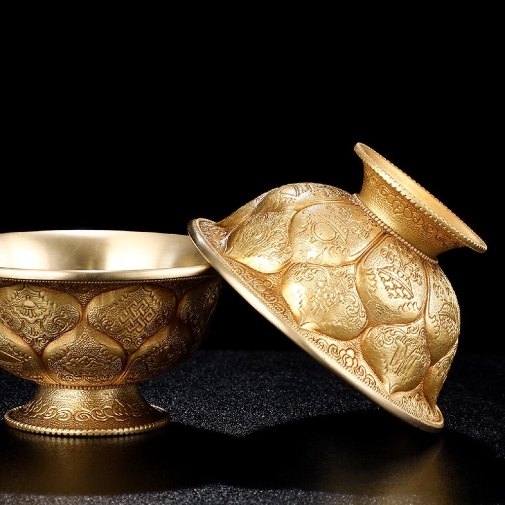 Tibetan Brass Water Offering Bowls 3.15" 3.94", Buddhist Lotus Ritual Cup, Eight Auspicious Symbols Holy Water Cup, Alter Meditation Gift