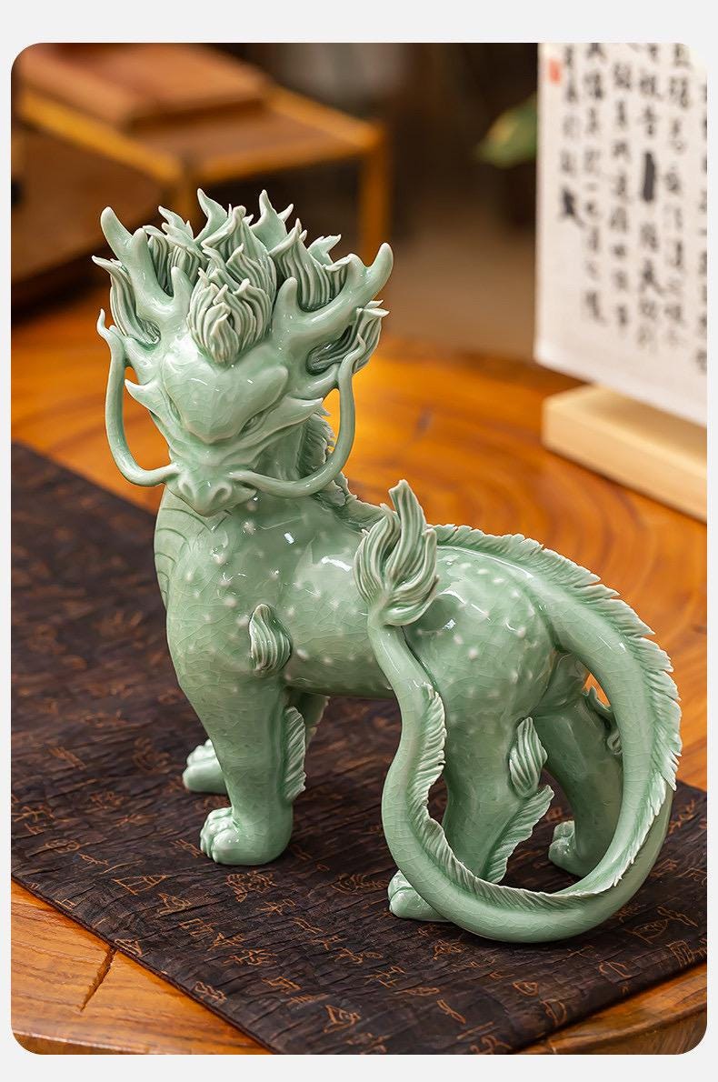 Handcrafted Ceramic Qilin Pixiu Tea Pet, Jingdezhen Mystical Beast Statue, Creative Wealth Feng Shui Ornament, Old Money Home Decor Gift