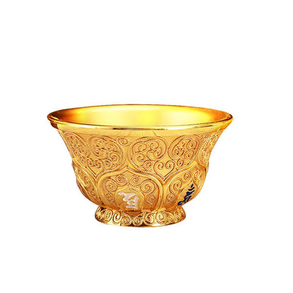 Tibetan 2.7" Alloy Embossed Plum Blossom Water Offering Bowl, Buddhist Altar Ritual Cup for Temple Shrine, Six-Syllable Mantra Silk Filigree