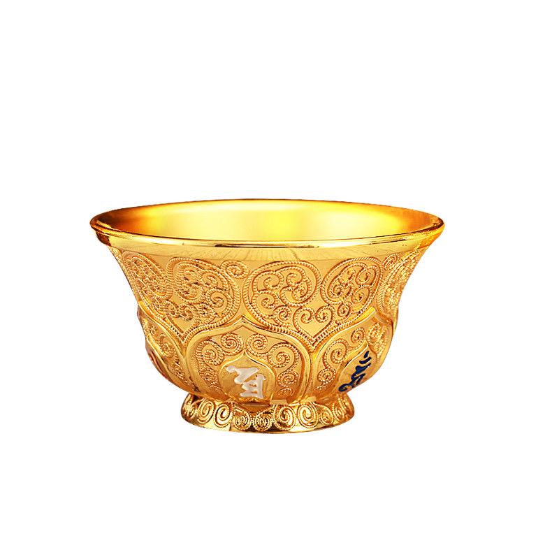Tibetan 2.7" Alloy Embossed Plum Blossom Water Offering Bowl, Buddhist Altar Ritual Cup for Temple Shrine, Six-Syllable Mantra Silk Filigree