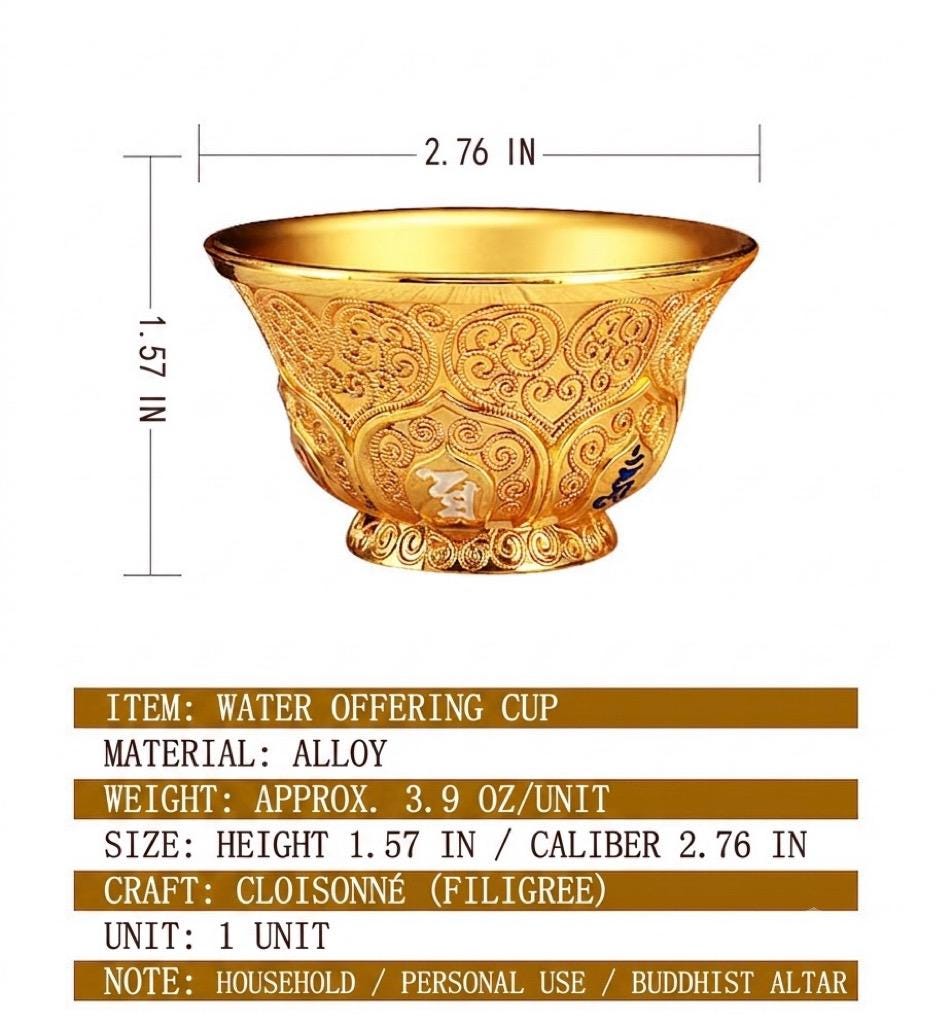Tibetan 2.7" Alloy Embossed Plum Blossom Water Offering Bowl, Buddhist Altar Ritual Cup for Temple Shrine, Six-Syllable Mantra Silk Filigree